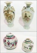 Pair 19th century Japanese Satsuma earthenware vases, tall ovoid with warriors and geishas enamelled