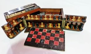 Mahogany box games compactum, including:- chess, backgammon, dominoes, chequers, cards with fold out