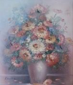 Oil on canvas
P Keeling (Contemporary)
Still life study of a floral display in a vase, signed, 60