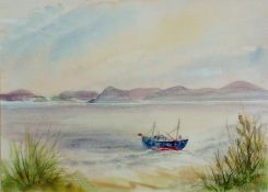 Watercolour 
Ruth Robinson
Beach at Hellsmouth, seascape with beach trawler, signed, 27 x 37 cm