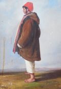 Oil on card 
Gonsalvo Carelli (?) 1851 (?) 
Traveller with red hat, overlooking landscape (af),