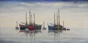 Oil on canvas 
Jorge Aguilar-Agon (b1936) 
Fishing boats in calm sea, signed, 49 x 99 cm