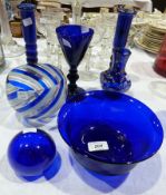 Viennese style blue, white and gilt swirl pattern bowl, blue glass bowl, blue wine, cut decanter,