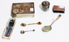 Silver-coloured metal box Joie Du Grand-Pere", silver-plated souvenir pillbox from Bude, souvenir