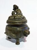 Oriental brass koro with dog of faux finial and handles with turtle relief to base