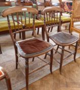 Pair kitchen chairs, with turned slat backs, one with leather seat on turned supports united by