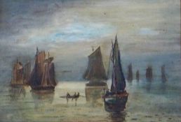 Oil on board 
Fishing fleet in a calm, indistinctly signed, 16 x 24 cm approximately