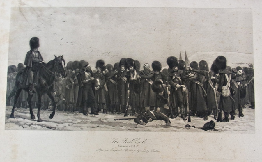 Black and white print 
After Elizabeth Thompson (Lady Butler)
"The Roll Call, Crimea 1854/5", 32 x