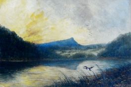 Watercolour 
J. Thorley (20th century English School) 
Landscape of a lake scene with wildfowl,