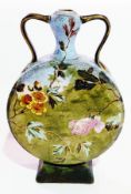 Victorian pottery moonflask vase, folly and floral decorated, on flared square base