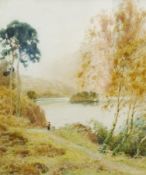 Watercolour drawing 
A. Heaton Cooper (1864-1929)
Autumnal lakeside landscape with figure and dog,
