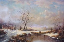 Oil on canvas
Rayner Peterson
Continental winter scene with skaters on frozen pond in a royal
