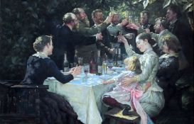 Oil on canvas
After late 19th century French School
The Toast, figures around a table in a garden