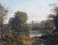 Oil on card 
Unattributed 
River with bridge in a wooded landscape and a building in the distance,