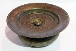 Eastern Benares brass incense bowl with pierced cover, black enamel decorated with flowering