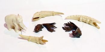 Carved ivory elephant  and five other model animals, including a fish (6) (1 box)