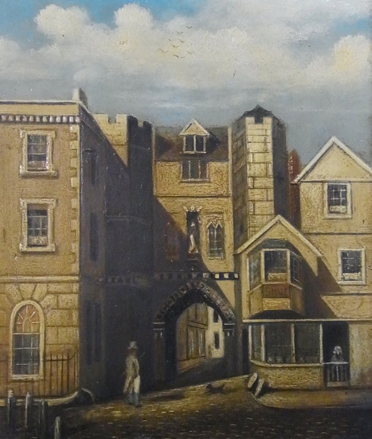 Oil on panel
Nineteenth century naive school 
Town street with arched gateway and figure, 30 x 25cm