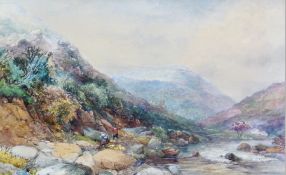 Watercolour 
J. Needham
"The Pickers" - mountain landscape with figures by river, signed and dated