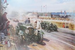 Colour print 
Terence Cuneo
"Bentley's at Le Mans", 1929, car racing scene, 73 x 81 cm