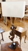 Modern giltwood and metal table lamp, having plain metal rod column, applied with antiqued gilt