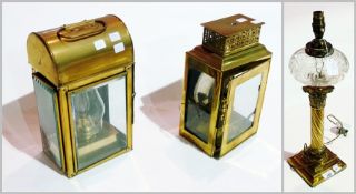 Two brass lanterns, a circular converted oil lamp base with twisted column and shade (4)