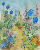 Watercolour drawing 
Nina Carroll 
Garden pathway with lupins, hollyhocks and other flowers, 39 x 49