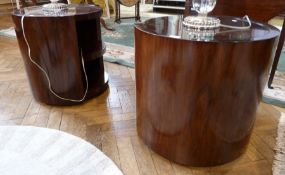 Pair Ralph Lauren contemporary rosewood circular occasional tables, each open to one side and with