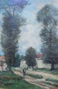 Oil on canvas
Late 19th century French Impressionist School 
Figures on a country road outside a