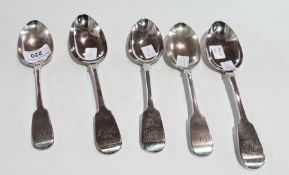 Five Victorian silver "fiddle" pattern tablespoons, (four Exeter 1840s and another London 1844),