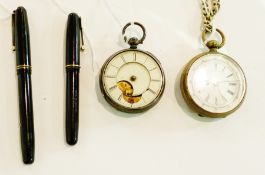 Victorian silver pocket watch, open faced (glass and hands missing), another metal pocket watch