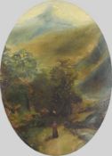 Oil on board
Possibly Japanese figure in a mountainous landscape, signed indistinctly in oval frame,