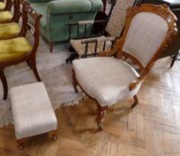 Victorian walnut drawing room chair, with foliate scroll central cartouche, with carved and