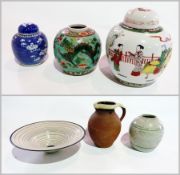 Oriental stoneware ginger jar, three other ginger jars, pottery jug and studio pottery bowl,