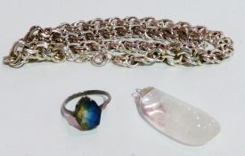 Silver-coloured continental metal chain link necklace, blue and yellow stone set silver ring and a