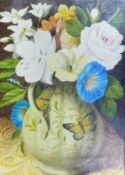 Painting on ivory 
Still life of flowers in a jug with butterflies, indistinctly signed, in