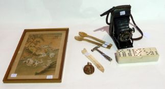 Chinese painting on silk, camera and other assorted items (1 box)