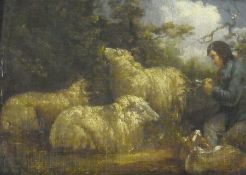 Oil on board
Attributed to George Morland
Shepherd boy with sheep amongst trees, labelled to