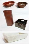 Pair oriental lacquered oval stands, rosewood square section tray, soapstone trough and a bamboo