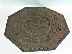Antique octagonal Indian carved table top depicting buffalo pulling carriage,  in circular central