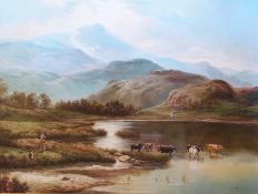Oil on canvas
After 19th century English School
H James
Extensive mountainous landscape, lake