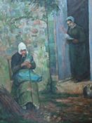 Oil on canvas 
After Pissarro
Two women by a doorway, one seated the other holding a bowl of soup,