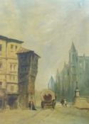 Oil on board
Continental school
Town street scene with figures, wagon, cathedral in distance, 30 x