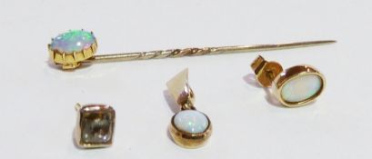 Diamond stud earring, set old cut stone, possibly brown diamond, opal stick pin pendant and a stud