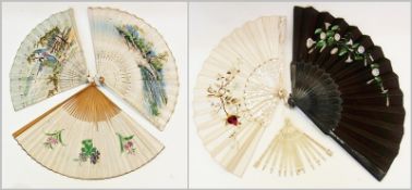 Mother-of-pearl, silk and embroidered fan in box, assorted wooden and paper fans and an ivory fan (