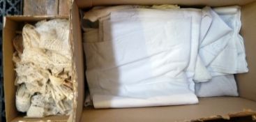Assorted lace pieces, table linen and sheets etc. (2 boxes)