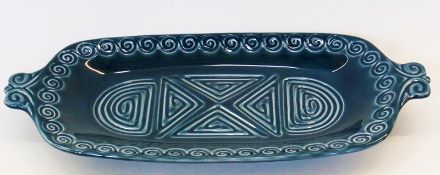 Studio pottery dish, of rectangular-shaped form, with geometric decoration in dark green ground