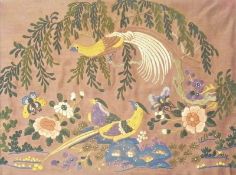 Oriental silk embroidered picture, exotic birds, butterflies and flowering branches, framed, 20 x