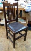 Gustav Stickley oak chair, slatback and leather seat, on straight supports, with label to back