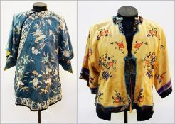 Early twentieth century Chinese silk embroidered jacket, in blue ground decorated with butterflies