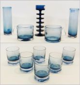 Wedgwood blue glass candlestick holder, marked "Wedgwood" to base, two cylindrical vases, six